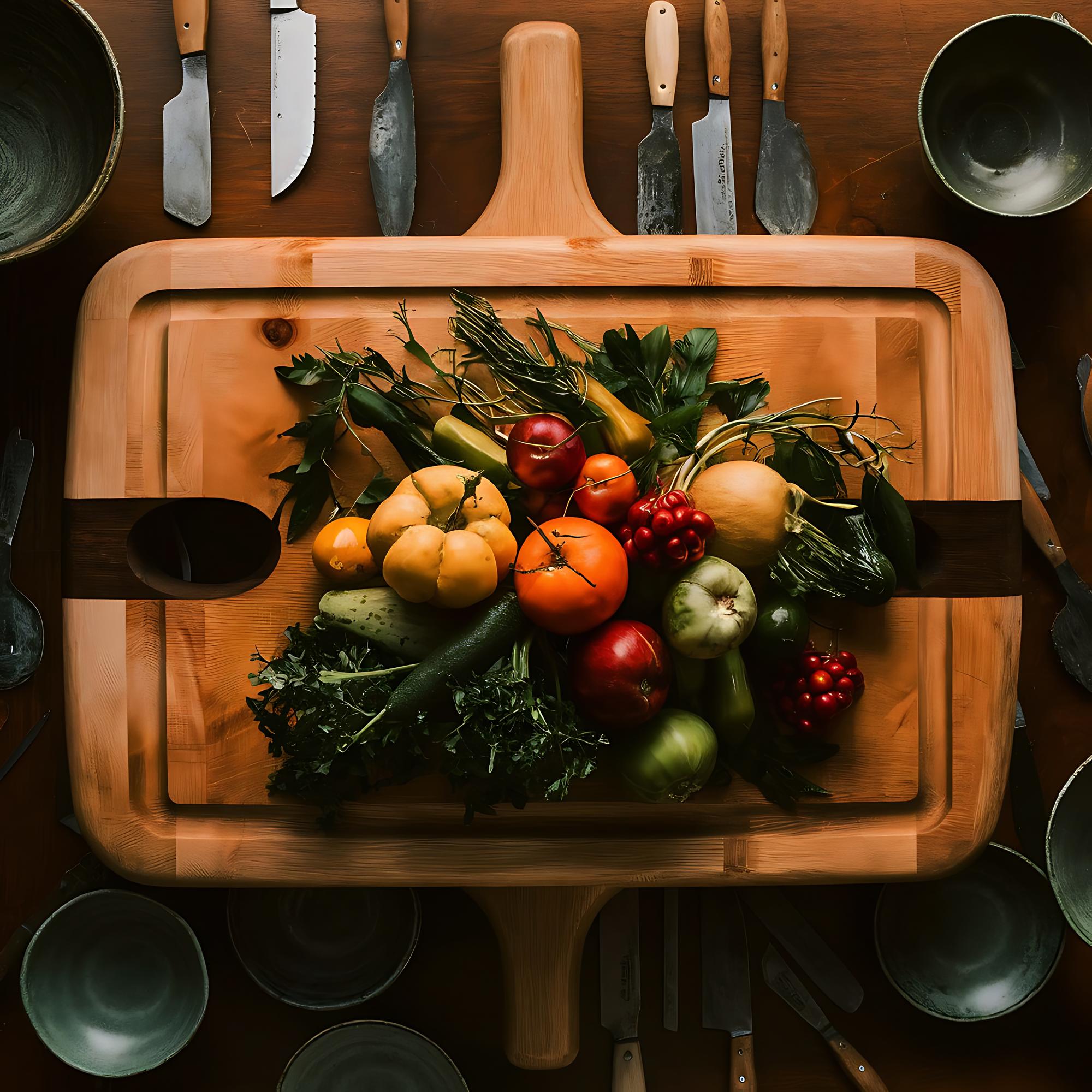close-up of seasonal produce and modern plating tools on a workbench